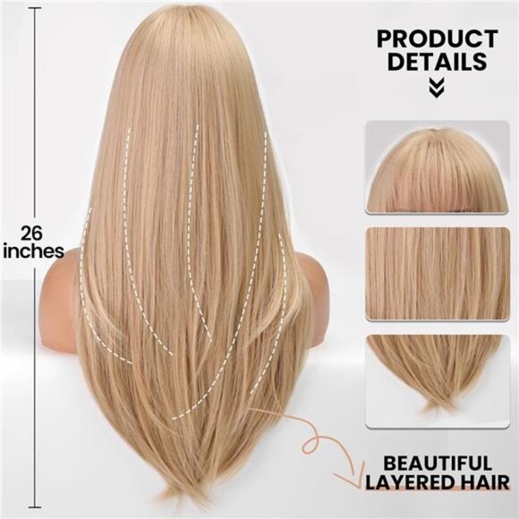 613 Blonde Wig With Bangs For Women Long Straight Wigs Synthetic Layered - Picture 4 of 6